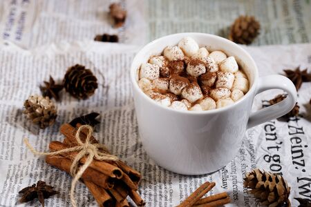 White ceramic cups of hot cocoa with marshmallows on top of rustic paper backgroundの写真素材