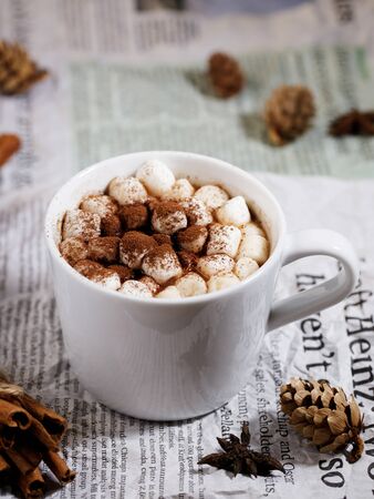 White ceramic cups of hot cocoa with marshmallows on top of rustic paper backgroundの写真素材