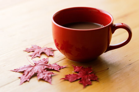 Cup of delicious hot chocolate with red maple leaf on wooden table background. Selective focus.の写真素材