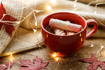 Cup of delicious hot chocolate and marshmallows on warm sweater under warm light. Selective focus.の写真素材