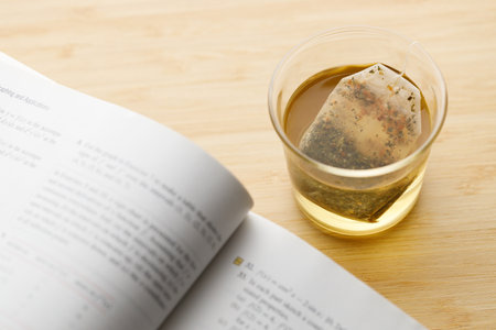 Cup of hot tea with tea bag and text book on wooden table. Study time. selective focus.の写真素材