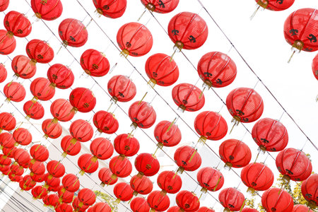 Lunar or Chinese new year lanterns decorated over street in town, Bangkok, Thailand.