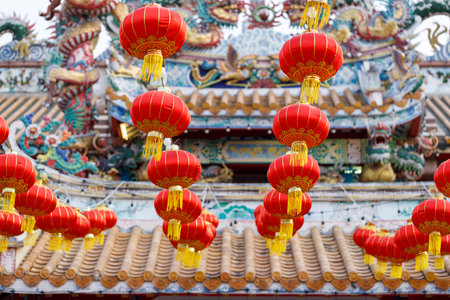 Lunar or Chinese new year lanterns decorated around ancient temple, Thailand.の写真素材