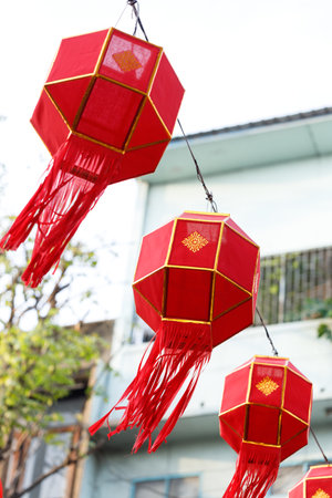 Spring festival, Lunar or Chinese new year lanterns decorated over street in old town, Bangkok, Thailand.の写真素材