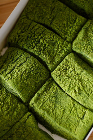 Closeup of Warabi mochi. Traditional Japanese sweet from bracken starch. Selective focus.の写真素材