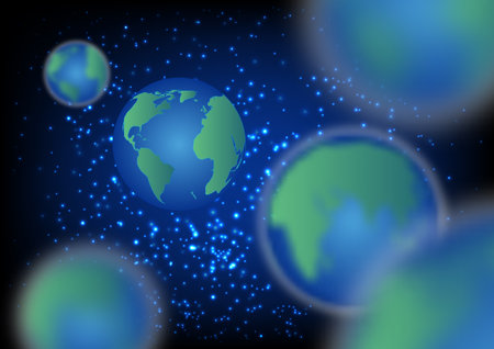 Abstract multiple earth on blue starry background. Multiverse technology background concept. Vector illustration.のイラスト素材