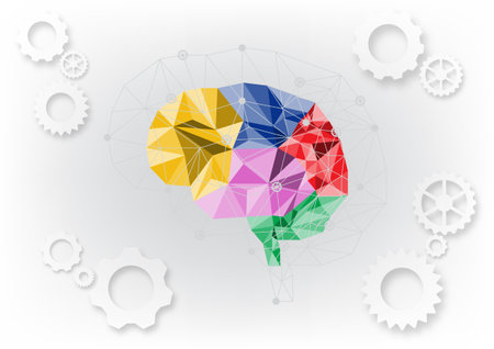 Abstract colorful low poly polygon brain and gear on white background. technology background concept. Vector illustration.のイラスト素材