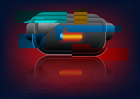 VR Virtual reality head gear with glitch effect on red background. technology background concept. Vector illustration.のイラスト素材