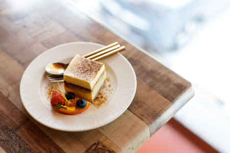 Freshly tiramisu cake on white ceramic plate decorated with fruit and edible flowers on wooden table background. Selective focus.の写真素材