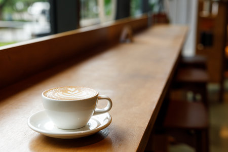 Cup of hot milk latte coffee on table by the window. Selective focus.の写真素材