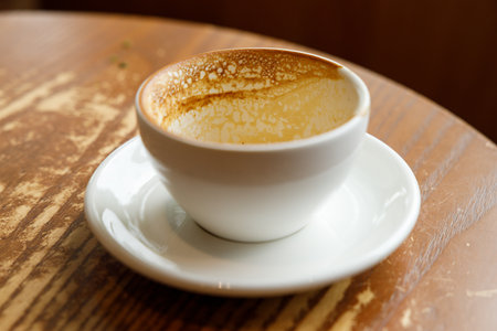 Empty cup of hot milk latte coffee on table by the window. Selective focus.の写真素材