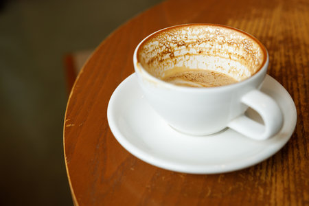 Empty cup of hot milk latte coffee on table by the window. Selective focus.の写真素材