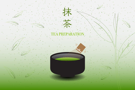 Matcha, green tea, leaf and power illustration on green background.  Matcha green tea background. Vector illustration. Text means Matcha or green tea.のイラスト素材