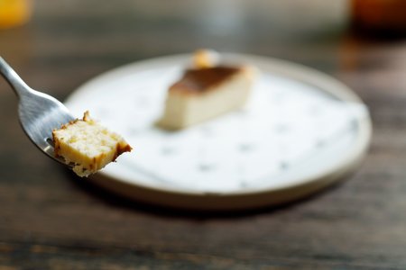 A small piece of cheese cake on a fork. Selective focus.の写真素材