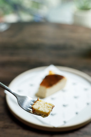 A small piece of cheese cake on a fork. Selective focus.の写真素材
