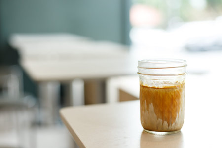 Cup of milk coffee on table by the window. Selective focus.