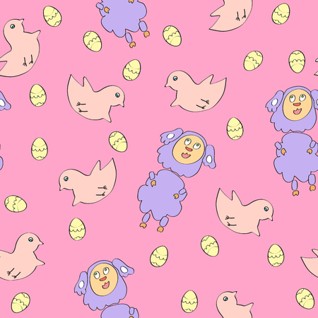 Easter concept with sheep and eggs vector seamless pattern.のイラスト素材