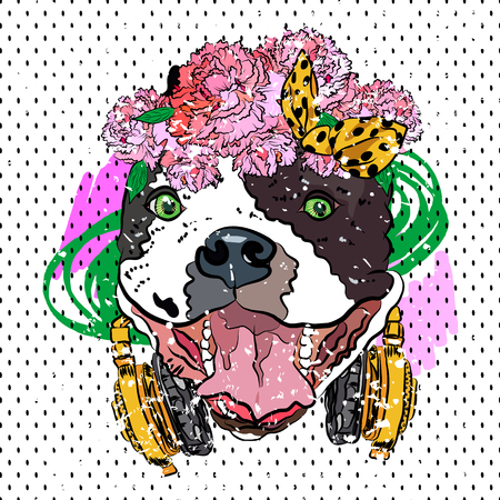Funny graphic. Bulldog girl in wreath of roses. Vector sketch dog. Comic portrait dog.のイラスト素材
