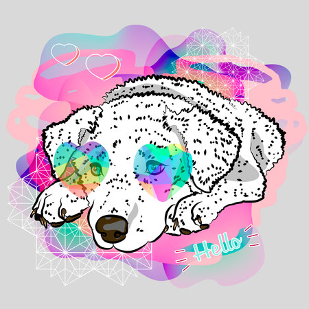 Doggie in dreams. Ð¡ool youth print with dog and geometry elements. Vector.のイラスト素材