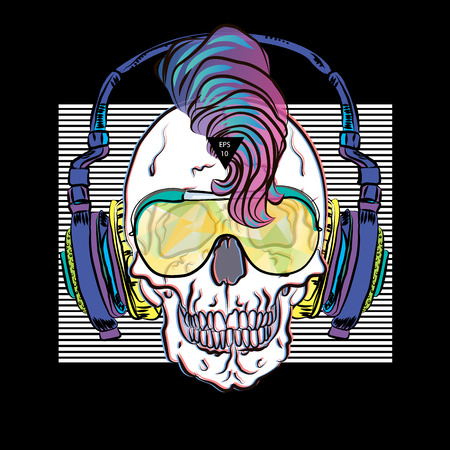 Cool musical print with skull.  Skull with fashionable hairdo.のイラスト素材
