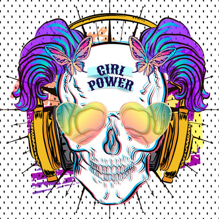 Cool skull print. Punk t-shirt for girl. Skull with tied bows.のイラスト素材