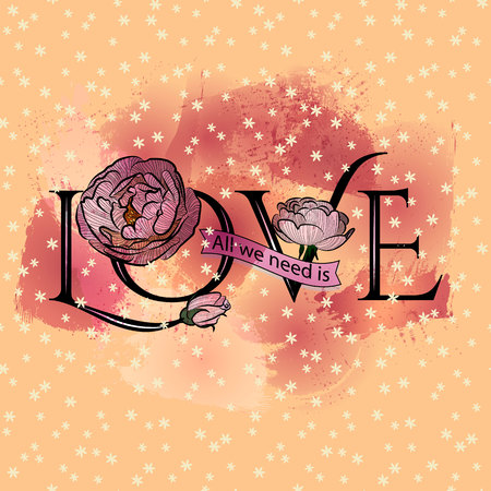 Slogan about love with roses flowers.  Beautiful watercolor sketchのイラスト素材