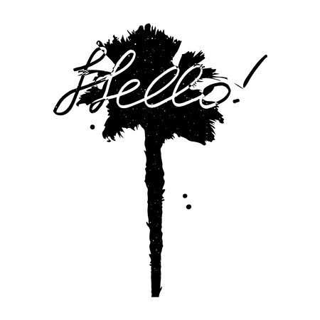 Summer placard poster. Silhouette of palm tree with text hello. Graphic art.のイラスト素材
