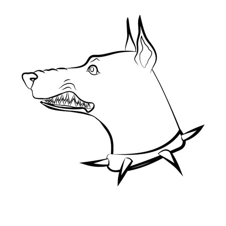 Angry dog. Doberman with grin. Dog with spike collar. Vector linear drawing.のイラスト素材