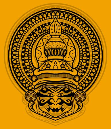 Happy Onam Kathakali illustration on yellow background. Vector graphics.のイラスト素材
