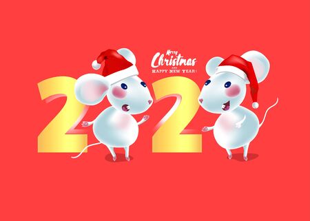 Charismatic mouse postcard. Minimal invitation design for Christmas.  Symbols of 2020 New Year.のイラスト素材