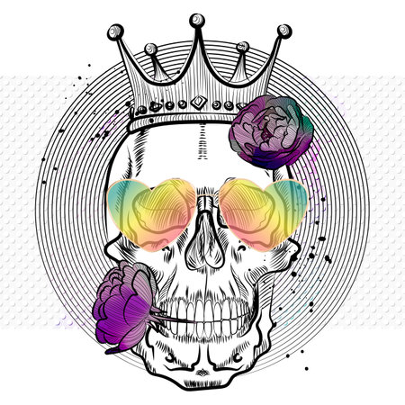 King skull illustration. Skull with sunglasses. Summer print.の写真素材