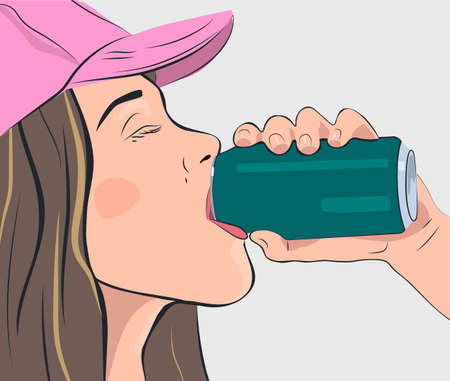 A girl in a cap drinks soda from a tin can.のイラスト素材