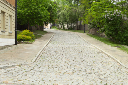 Old city street with houses. Cobbled street of the old town with green trees