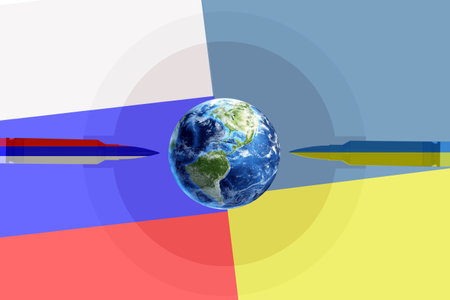 The flag of Ukraine and the flag of Russia opposite each other. Two cartridges facing each other. copy space. Russian-Ukrainian warの写真素材