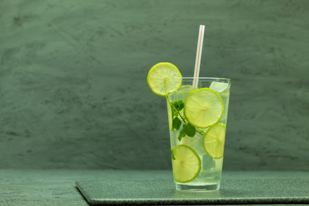 Cool drink Mojito in a glass glass on a dark background. Mojito cocktail on a black background....