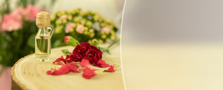A bottle of aromatic oil made from fresh flower petals. Essential oil from cloves. Background with copy spaceの写真素材