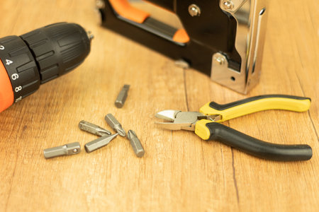 Metal screwdriver bits, background with place for text. Screwdriver with screwdriver bitsの写真素材