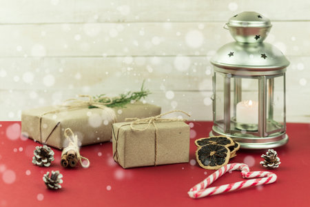 The box is wrapped with rope, the parcel is on a rustic background. Chrome key. copy space. Brown gift box.の写真素材