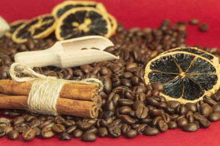 Festive Christmas background with copy space, red background. Christmas and greeting cardの写真素材