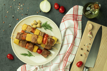 Fried meat and vegetables on wooden skewers. Meat cooked in a pan. View from above. Shish kebabs - grilled meat and vegetablesの写真素材