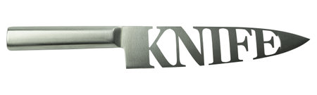 Metal knife on a white isolated background. Creative idea, text on a knife. Inscription with the text KNIFE. Original idea. Chef knifeの写真素材