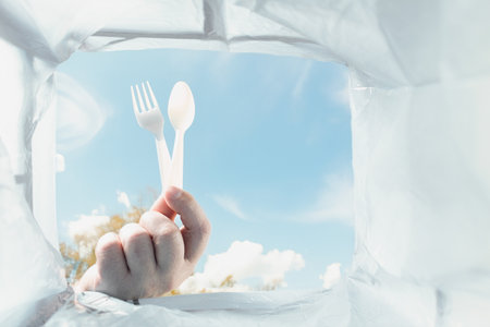 A hand throws plastic into the garbage. A human hand throws plastic waste into a garbage can. The concept of environmental protection, environmental pollutionの写真素材