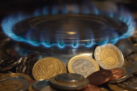 Flame from a gas burner, on the background of coins. Concept. Tariff increase. Expensive gas, Gas...