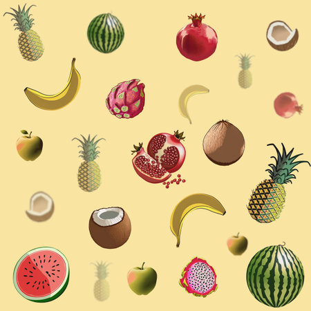 Seamless pattern, fresh, juicy tropical fruits. Many different fruits