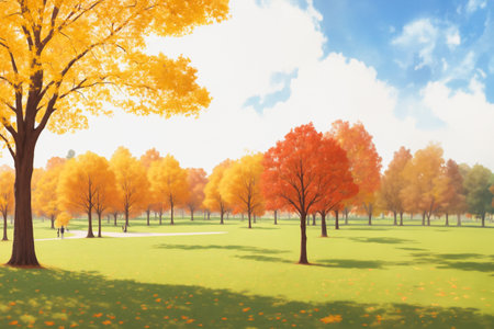 Beautiful city park in autumn. Autumn forest landscape. Golden trees. Yellow, autumn forest and picturesque landscapes. Illustrationの素材