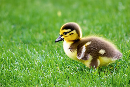 Little ducking on the green lawn. Little ducklings are walking in the backyard on the green grass. A cute duckling on a meadow field on a sunny day. Banner with copy spaceの素材