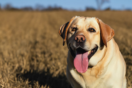 Labrador dog outdoors in a city autumn park. Copy space. Beautiful dog, Labrador in the city park. Generated by artificial intelligenceの素材
