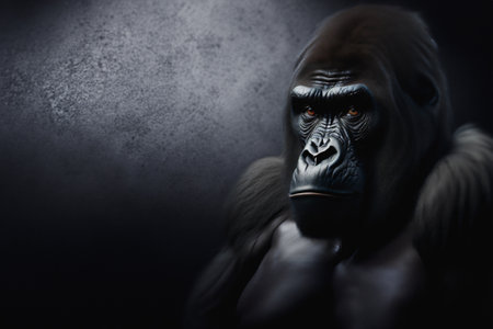 Portrait of a male gorilla, close-up. Male gorilla in natural conditions. The gorilla looks into the camera. Background with copy spaceの素材