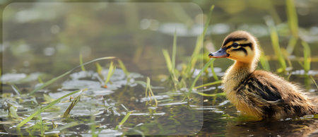 Panorama, Portrait of a duckling on the river bank. A cute duckling swims in the water. Close-up. Farm animals or birdsの素材