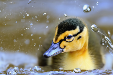 Portrait of a duckling near the river bank. A young, cute duckling swims in the water. Close-upの素材